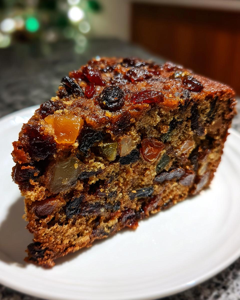 Close-up of a moist slice of fruit cake showing dense texture packed with dark raisins and candied peel.