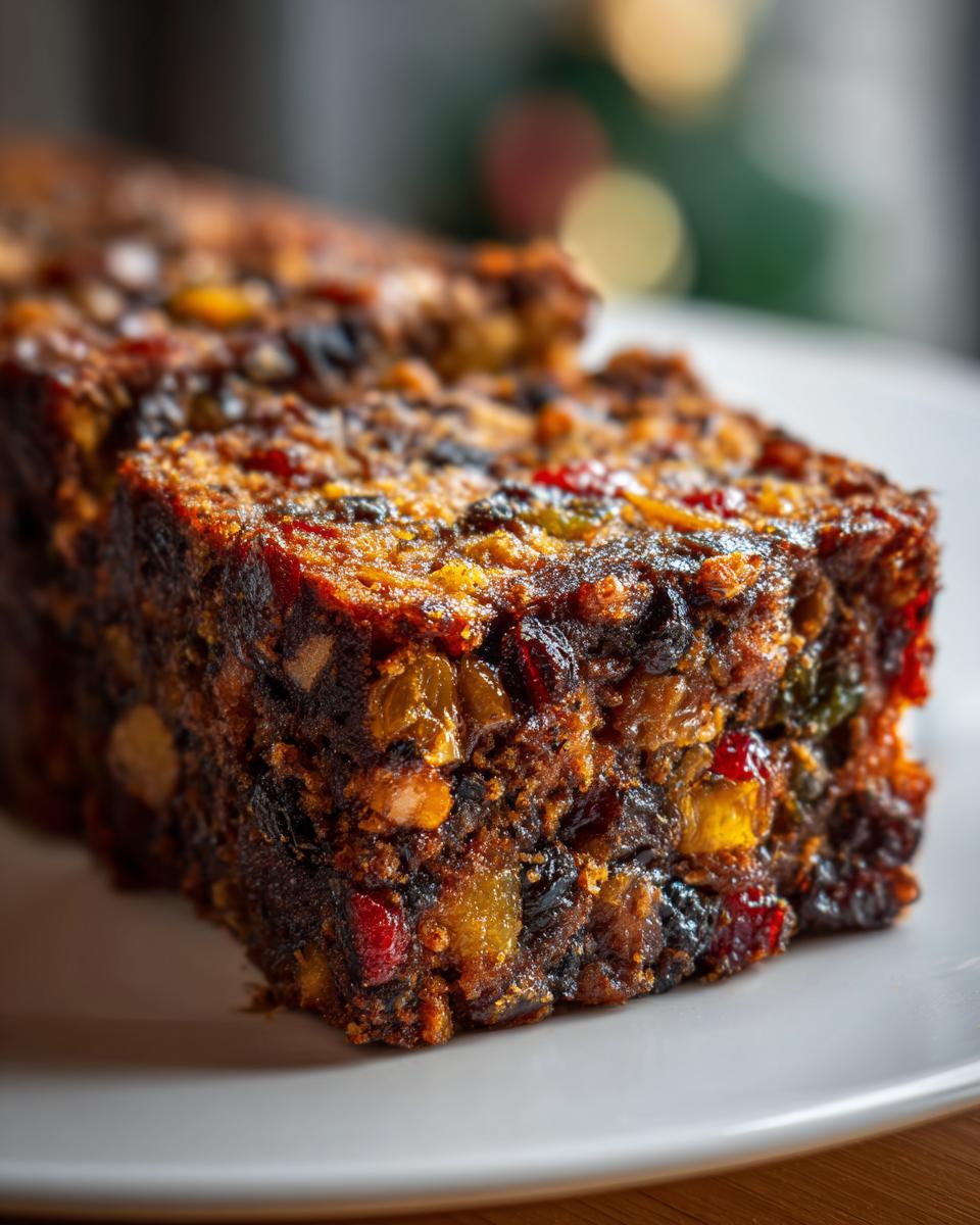 Close-up of a moist fruit cake slice packed with candied and dried fruits, sitting on a white plate.