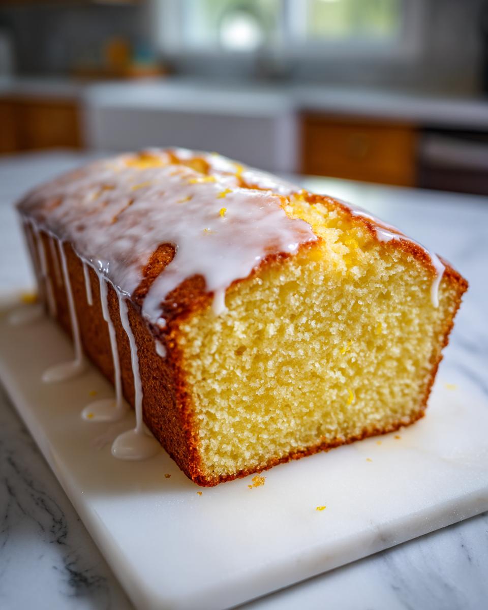 A close-up of a freshly baked lemon pound cake, cut to show the moist crumb and topped with a thick white lemon glaze.