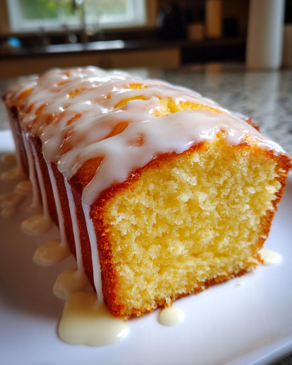 Close-up of a moist, golden lemon pound cake loaf topped with thick white lemon glaze dripping down the sides.