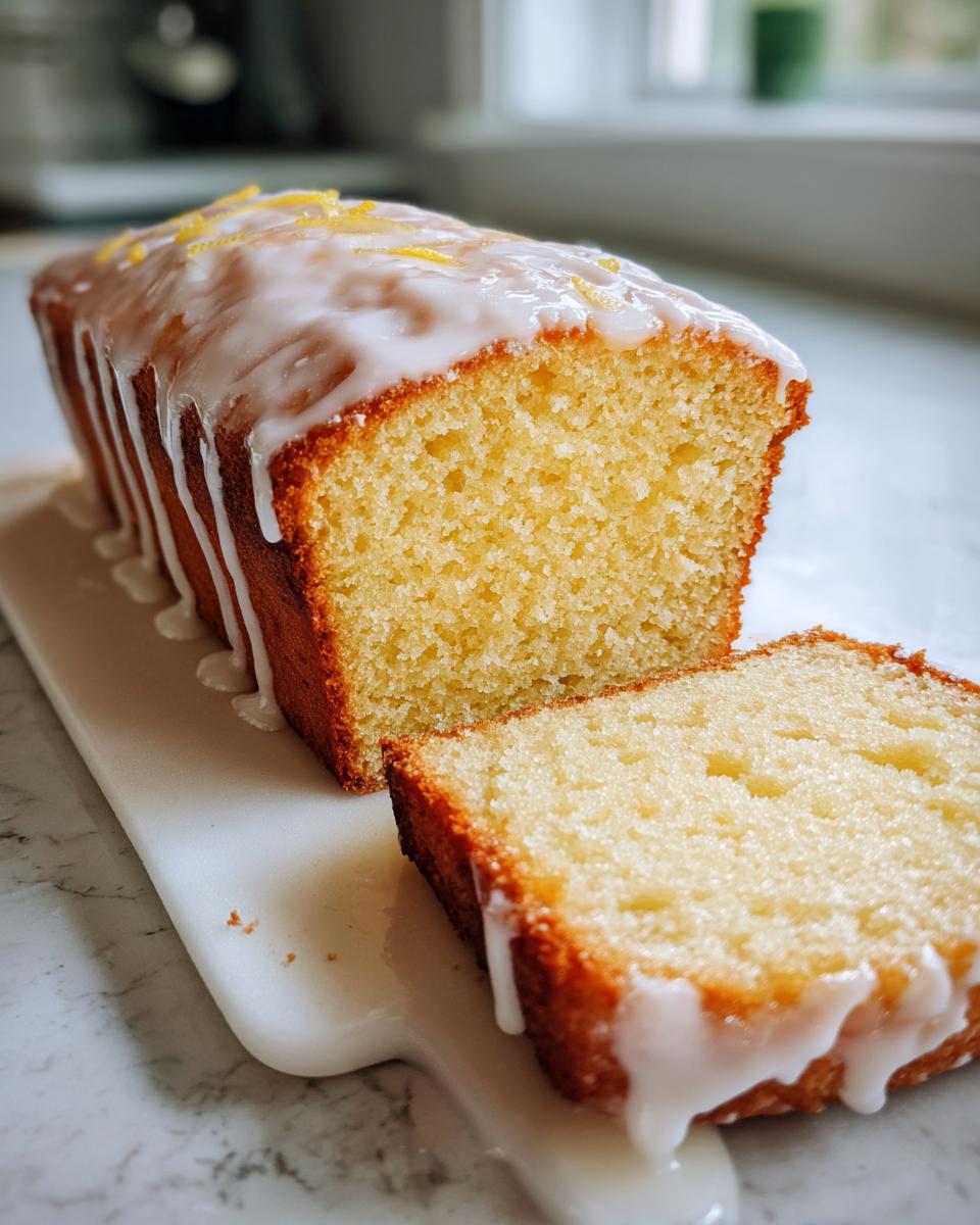 Close-up of a moist lemon pound cake loaf with a thick white glaze dripping down the sides and lemon zest on top.