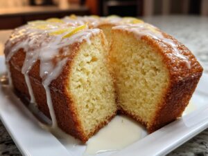 Close-up of a moist lemon pound cake, sliced open, drizzled with white glaze and topped with lemon zest.
