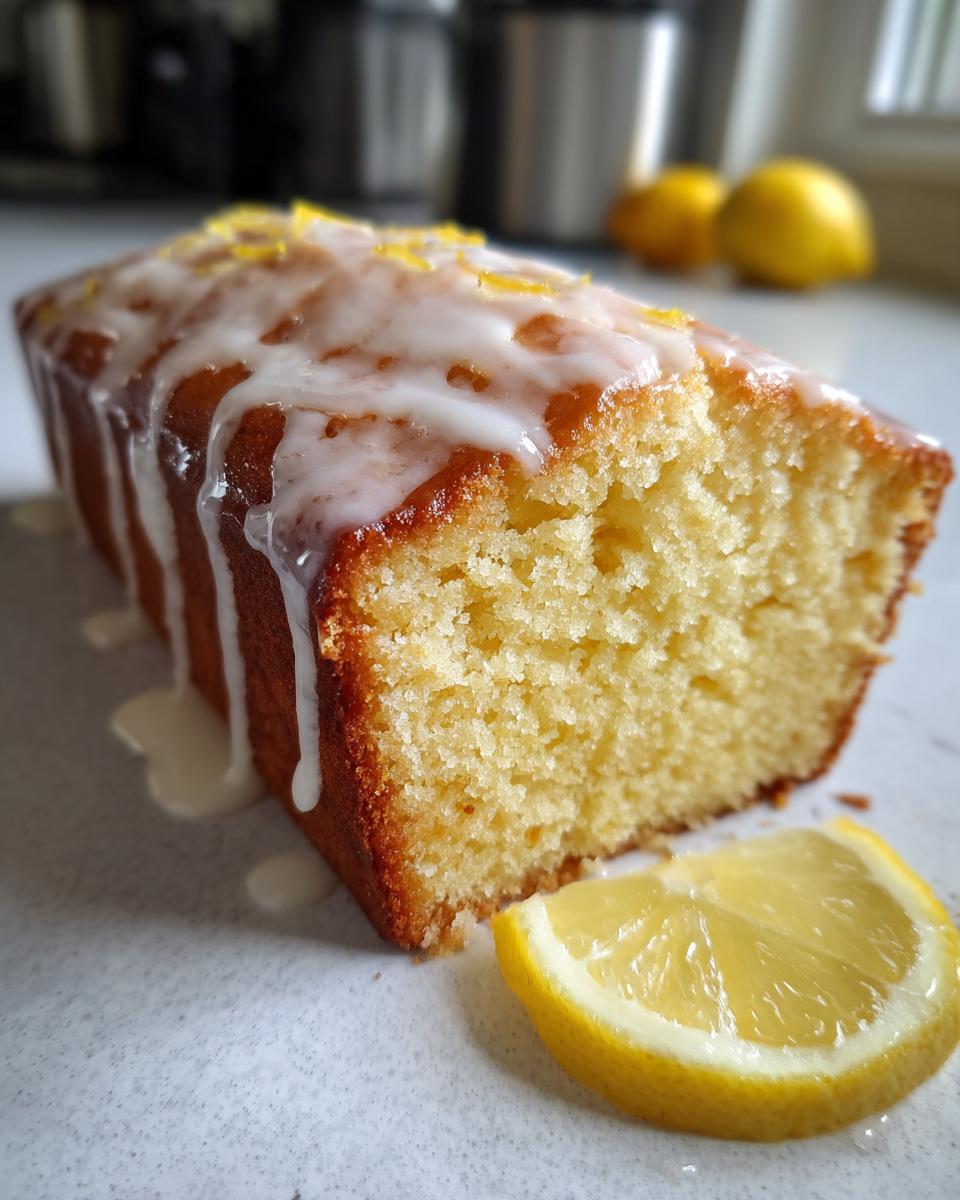 A moist slice of lemon pound cake drizzled with white glaze and topped with lemon zest, next to a fresh lemon wedge.