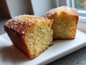 Close-up of two moist mini banana bread loaves, cut open to show texture and topped with coarse sugar.