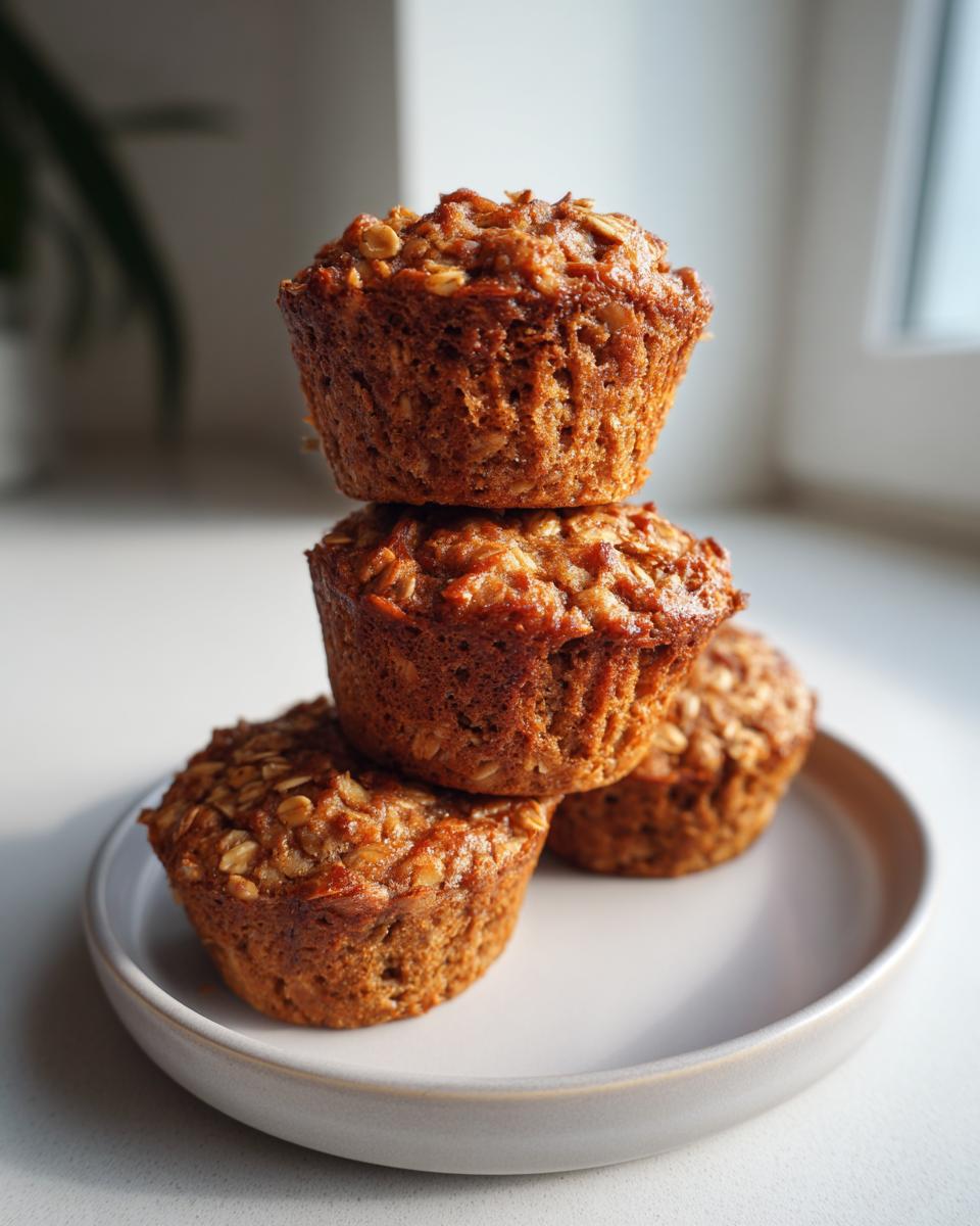 A stack of three golden brown oatmeal muffins topped with visible oats, resting on a small plate.