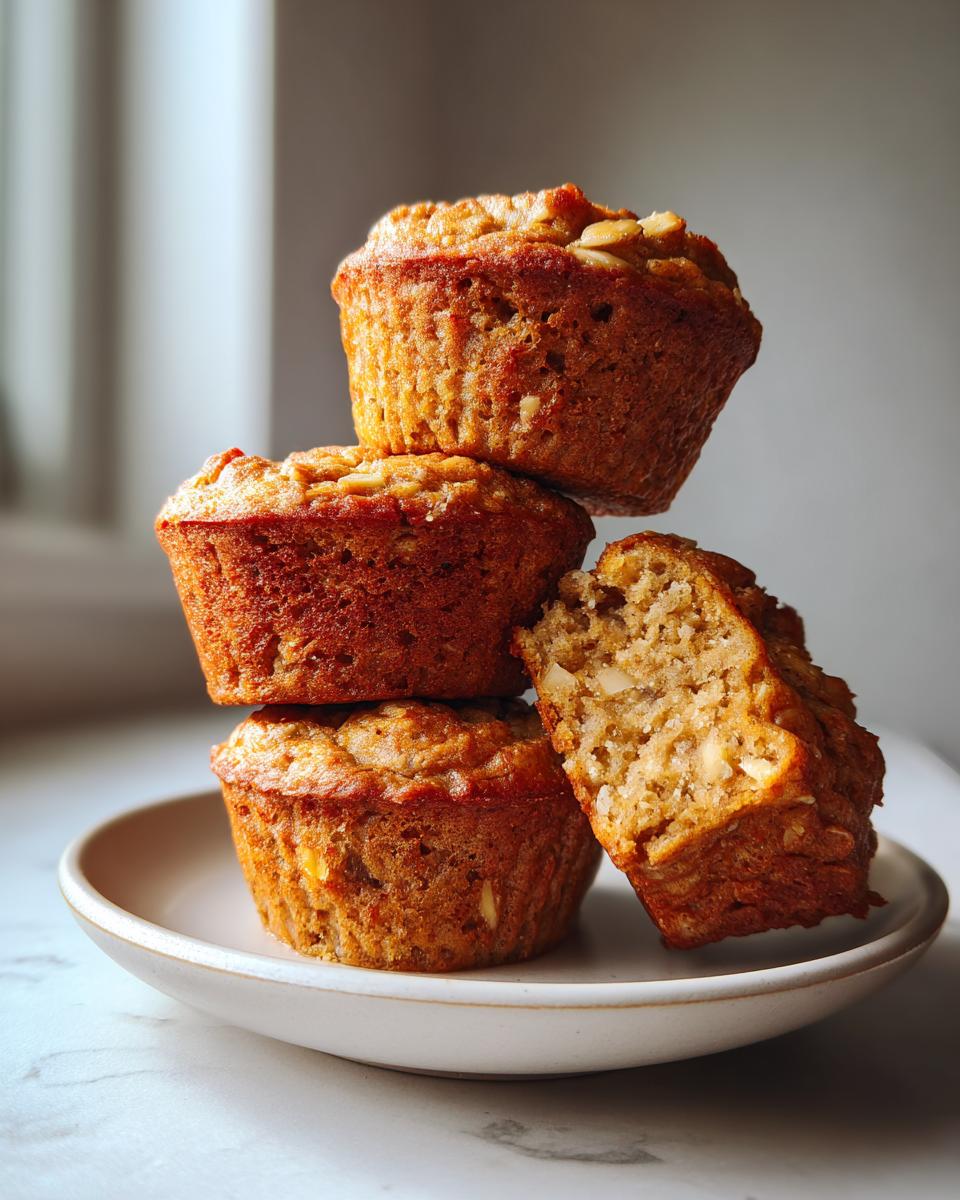 A stack of three golden brown oatmeal muffins, with one cut in half to show the moist interior texture.