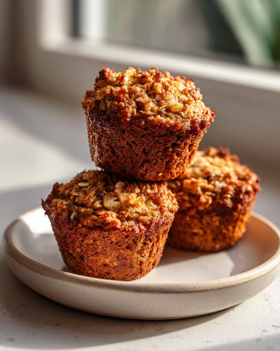 Three golden brown, moist oatmeal muffins stacked on a light ceramic plate near a window.