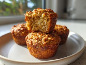 Three golden brown oatmeal muffins stacked on a plate, one broken open showing the moist interior.