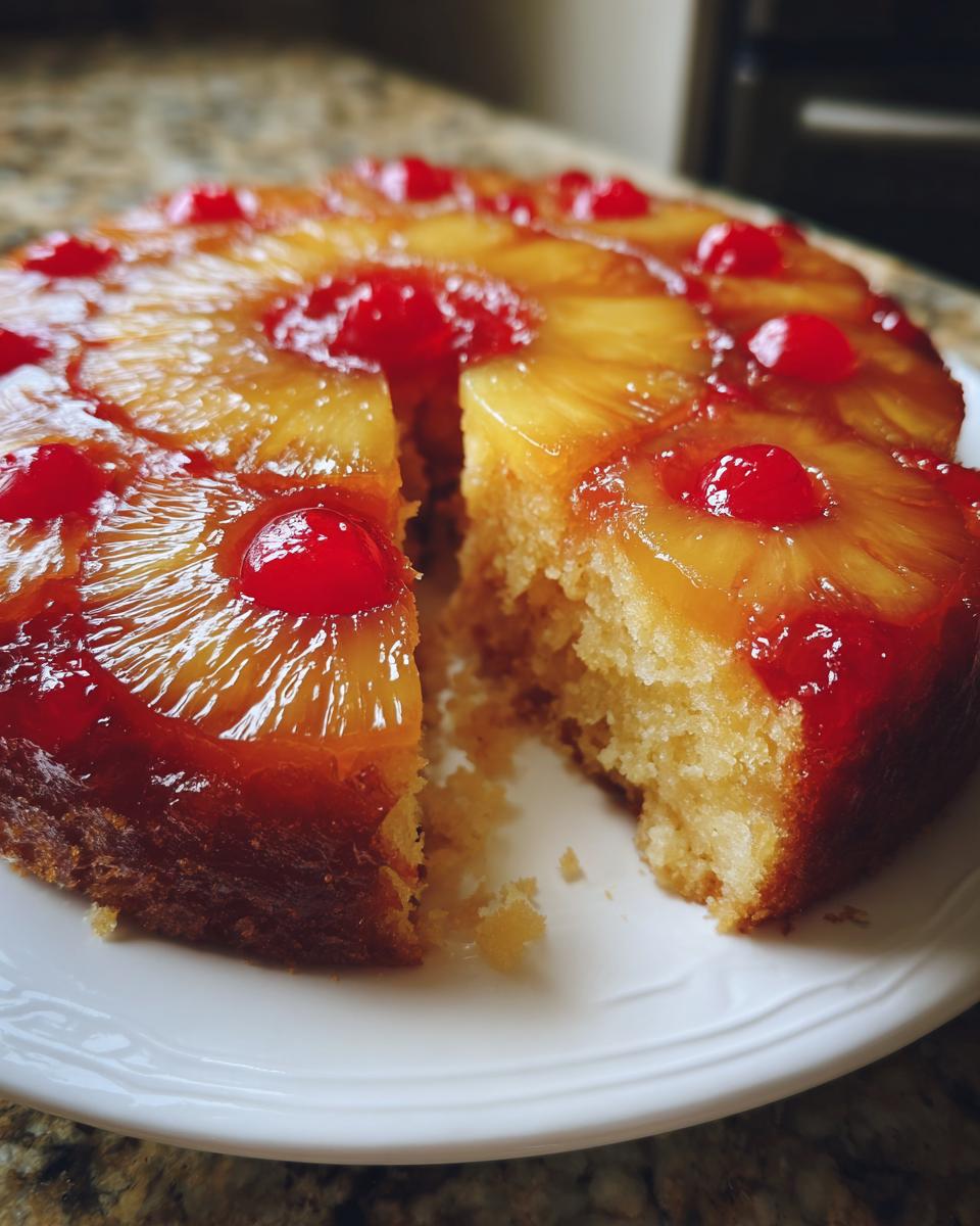 A slice removed from a homemade pineapple upside down cake topped with caramelized pineapple rings and maraschino cherries.