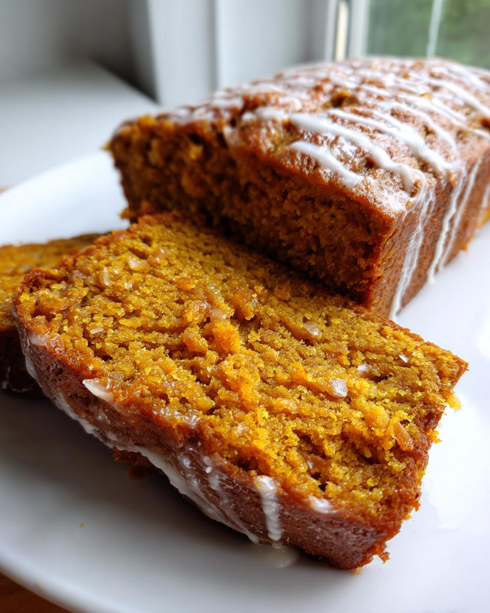 A close-up view of a slice of moist pumpkin bread, showing its rich orange crumb and white vanilla glaze drizzle.