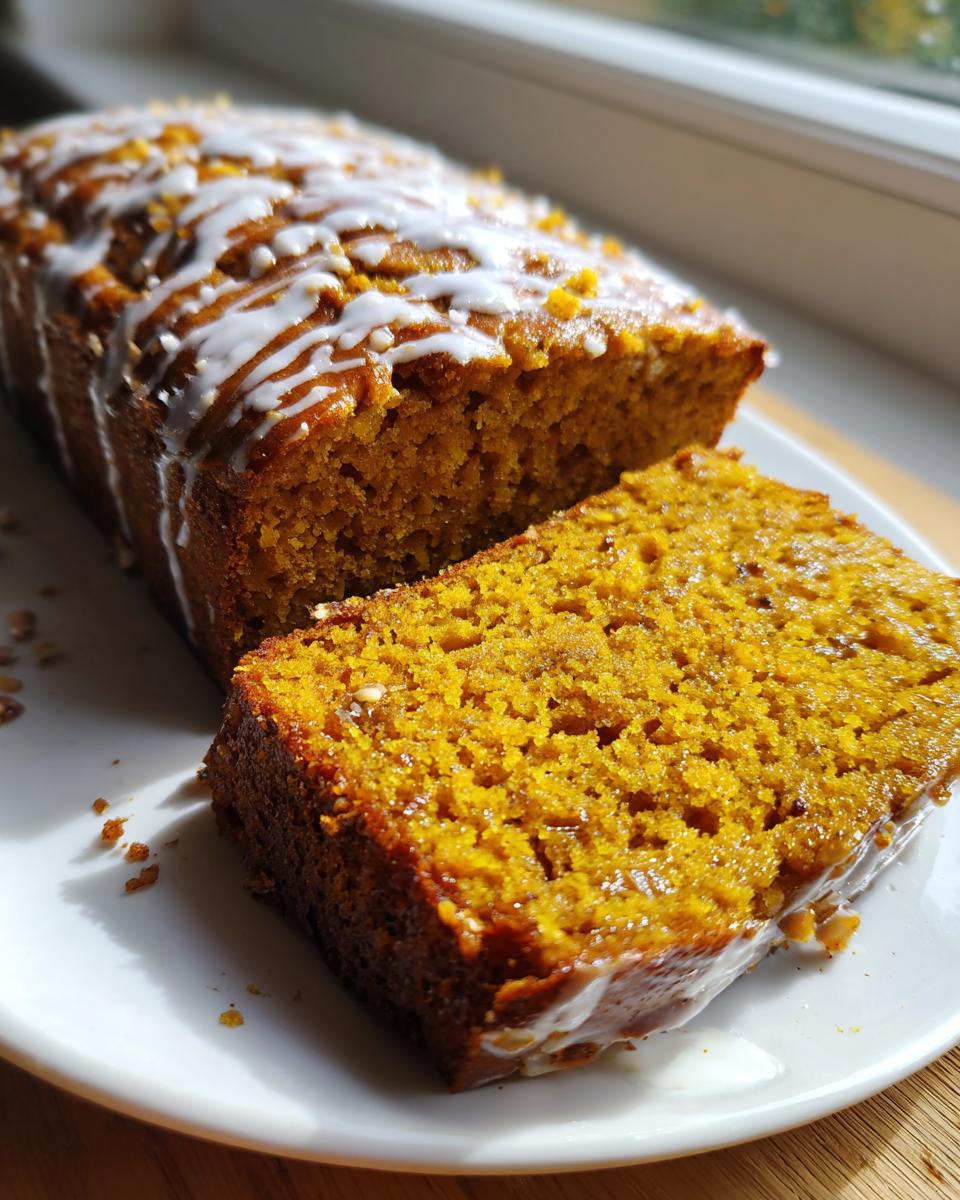 A slice cut from a loaf of moist pumpkin bread topped with white icing drizzle.