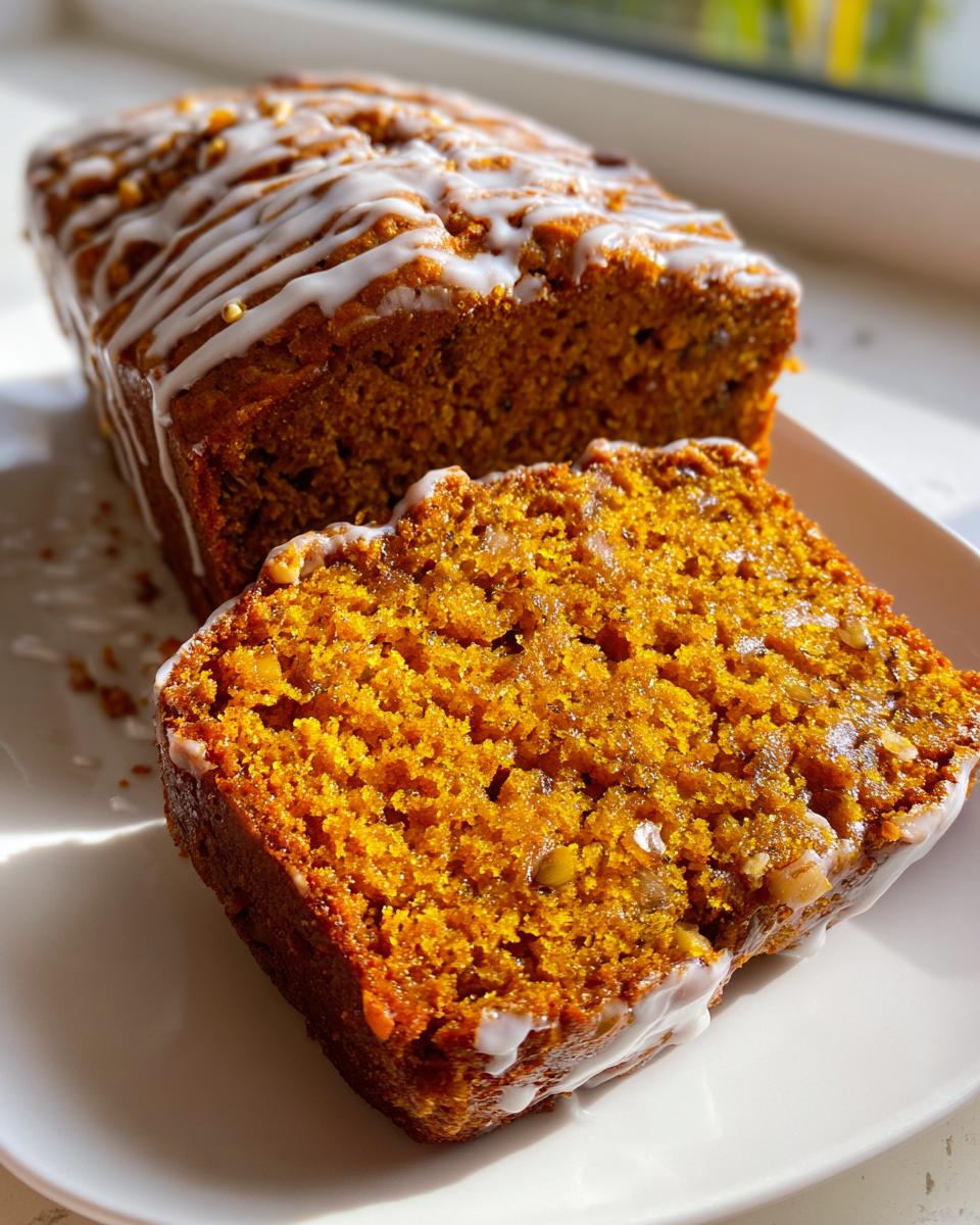 Close-up of a slice of moist pumpkin bread, showing its rich orange color and nuts, drizzled with white icing.
