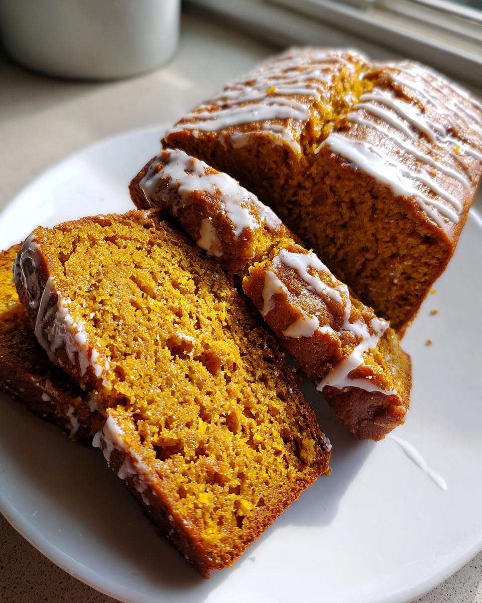 Close-up of sliced moist pumpkin bread, featuring a vibrant orange crumb and drizzled with white vanilla icing.