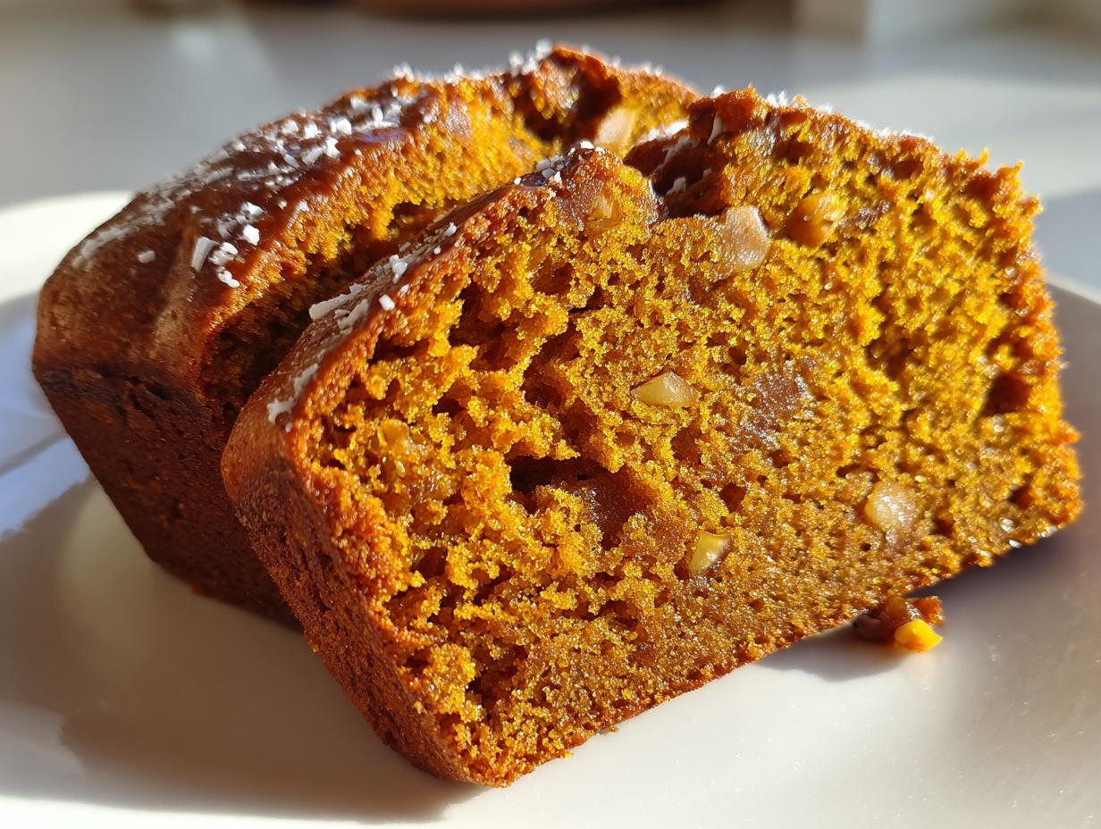 Close-up of two slices of moist pumpkin bread showing a rich orange crumb texture with visible walnuts.