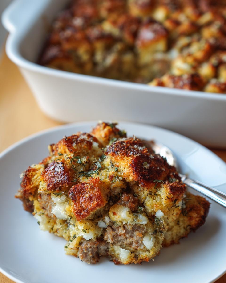 A close-up serving of moist sausage stuffing with crispy bread topping on a white plate.