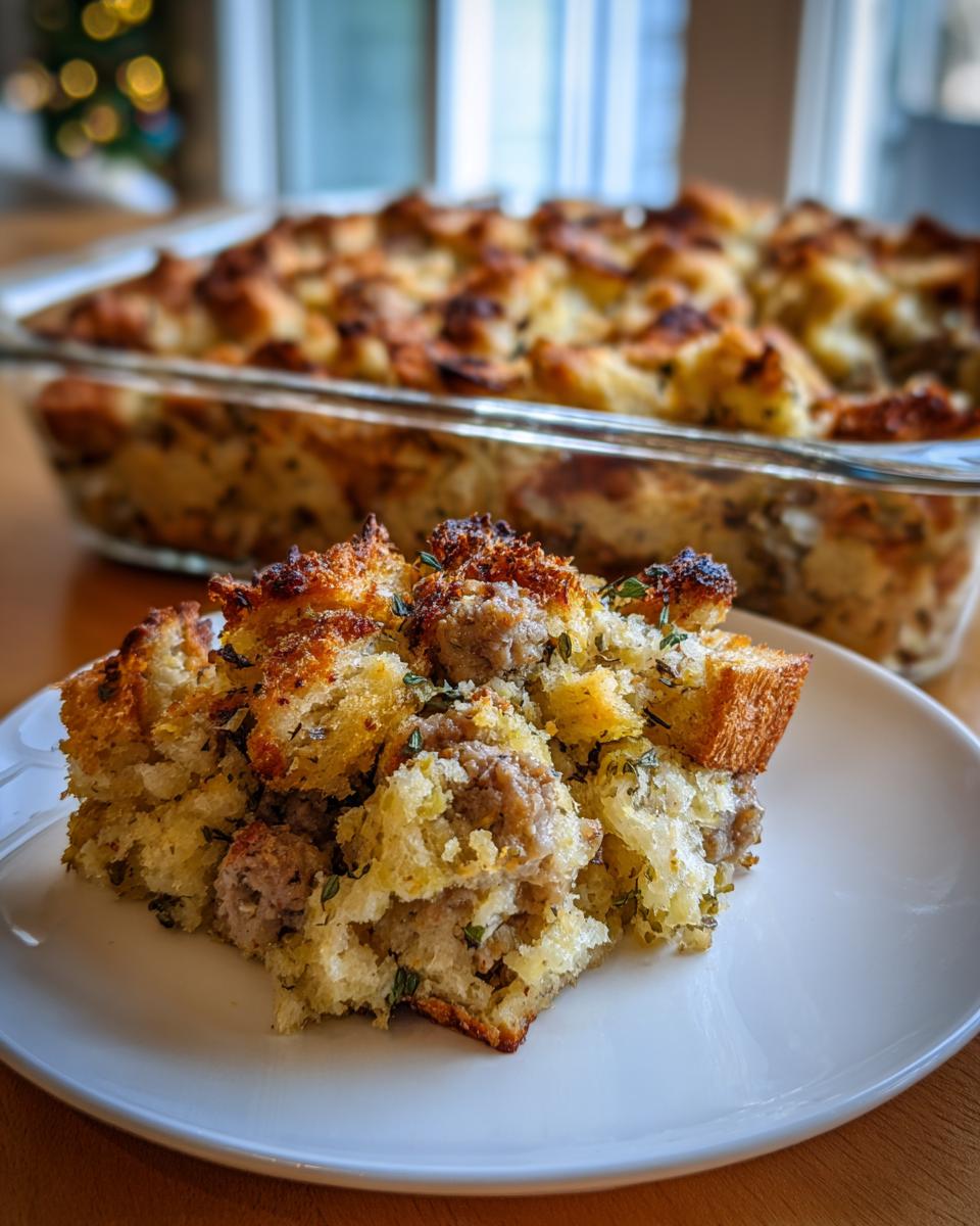 A serving of moist sausage stuffing with a crispy, golden-brown top served on a white plate.