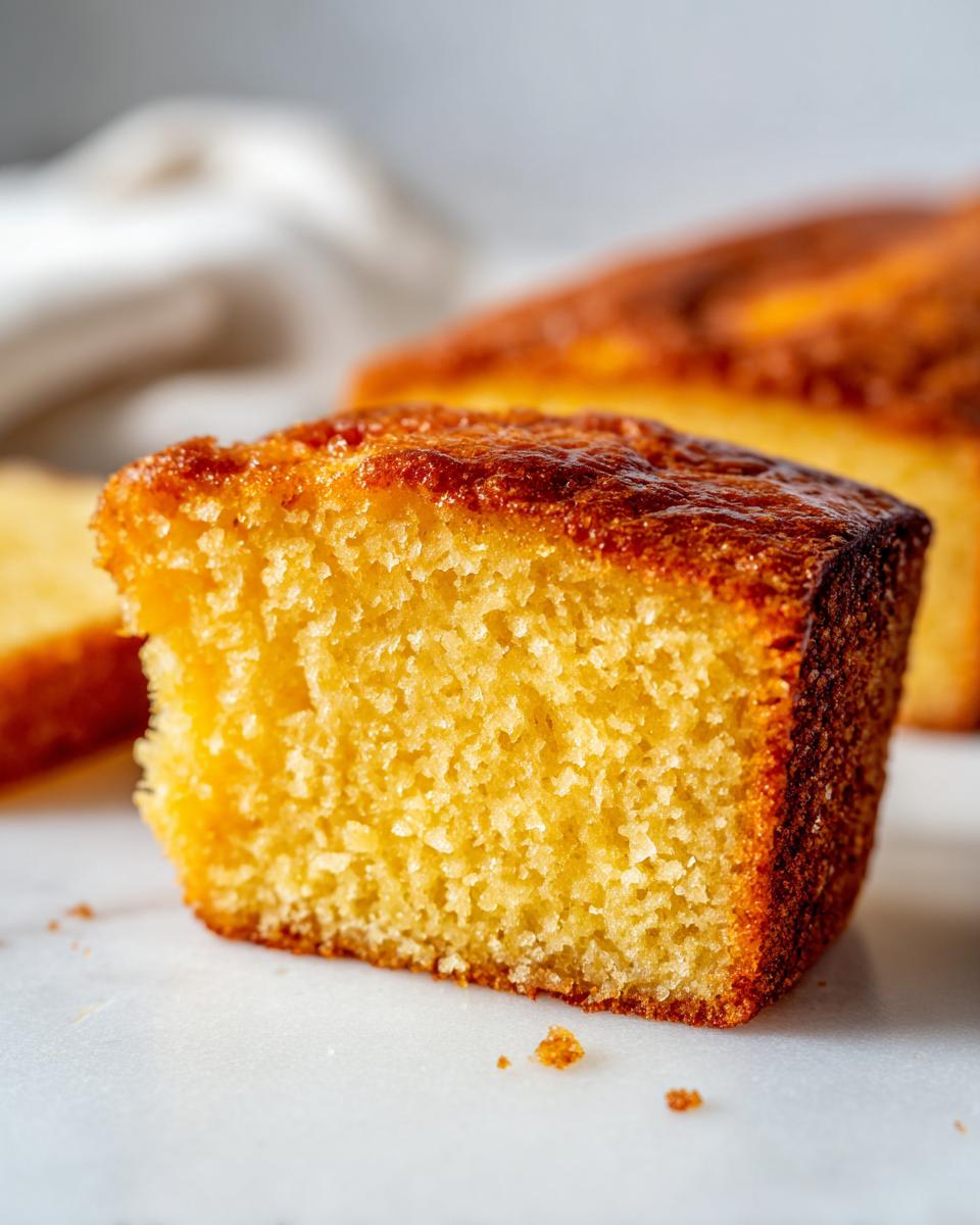 Close-up of a moist, golden slice of condensed milk cake showing its fine crumb texture.