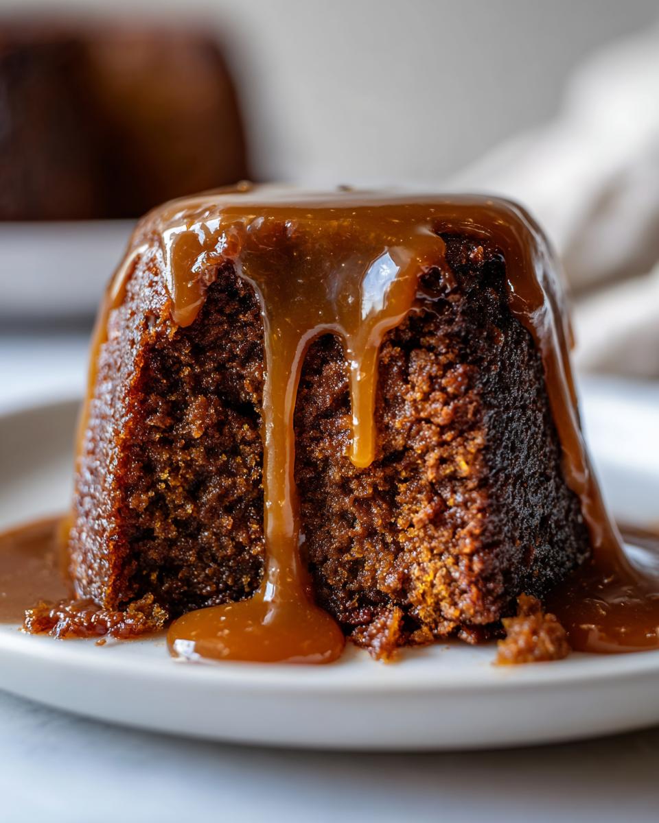 Close-up of a moist sticky toffee pudding recipe portion covered in rich, dripping toffee sauce.