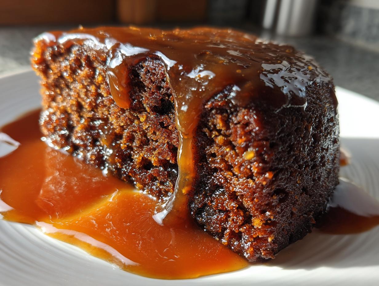 Close-up of a rich, dark slice of sticky toffee pudding drenched in glossy toffee sauce.