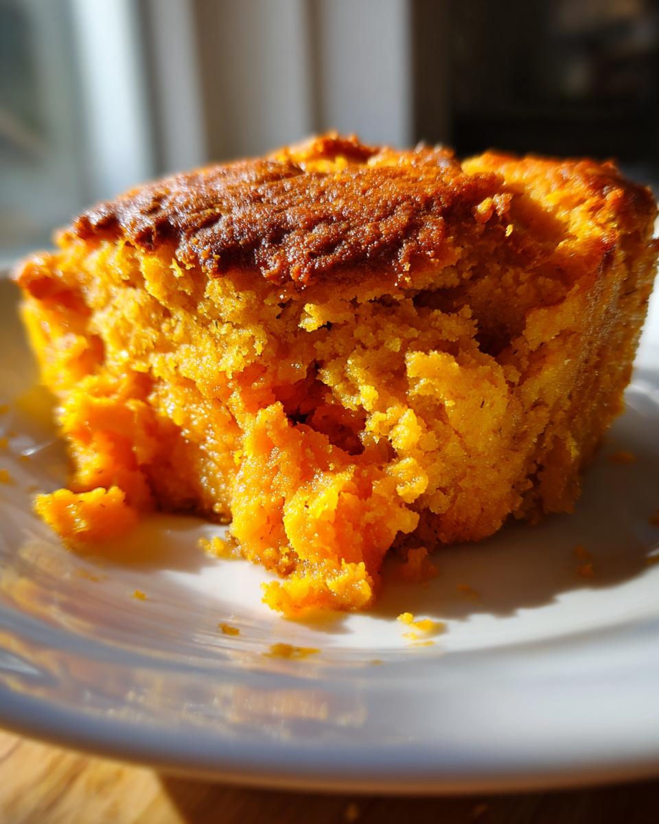 A close-up, brightly lit serving of moist, orange sweet potato cobbler on a white plate.