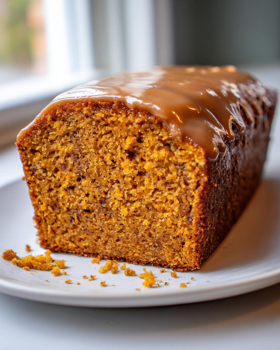 A close-up of a freshly baked sweet potato pound cake loaf topped with a thick caramel glaze, sitting on a white plate.