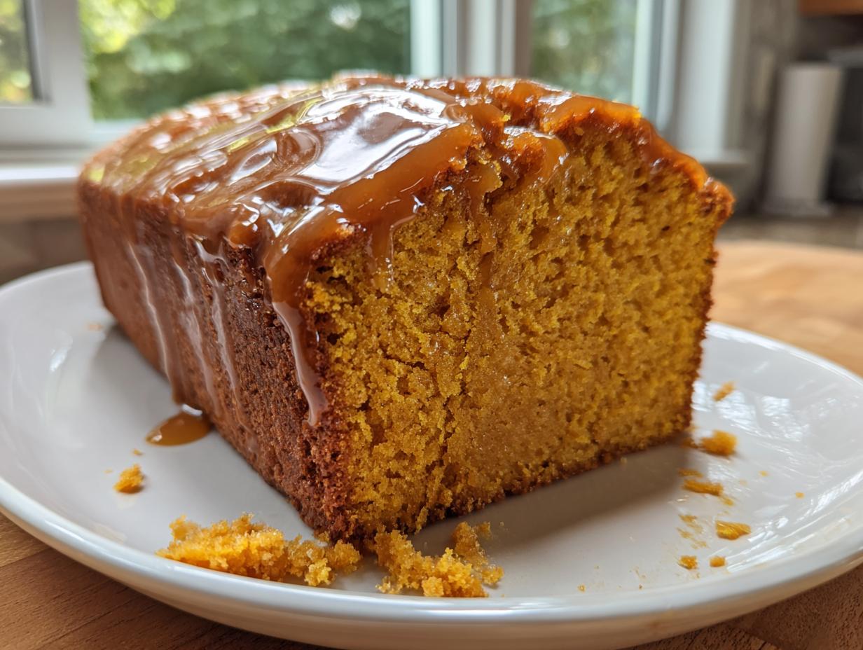 A close-up of a slice of moist sweet potato pound cake topped with a thick caramel glaze.