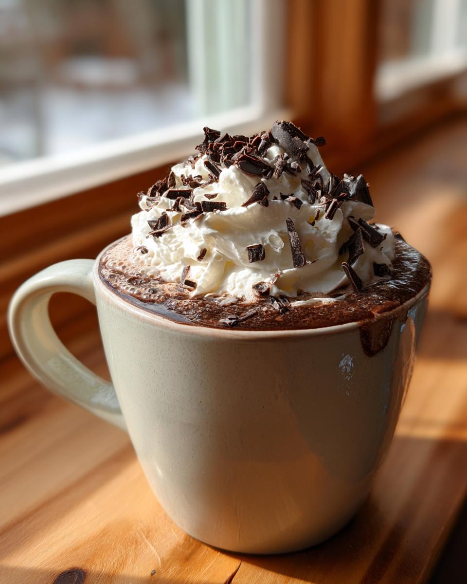 A close-up of a mug filled with rich boozy hot chocolate, topped high with whipped cream and dark chocolate shavings.