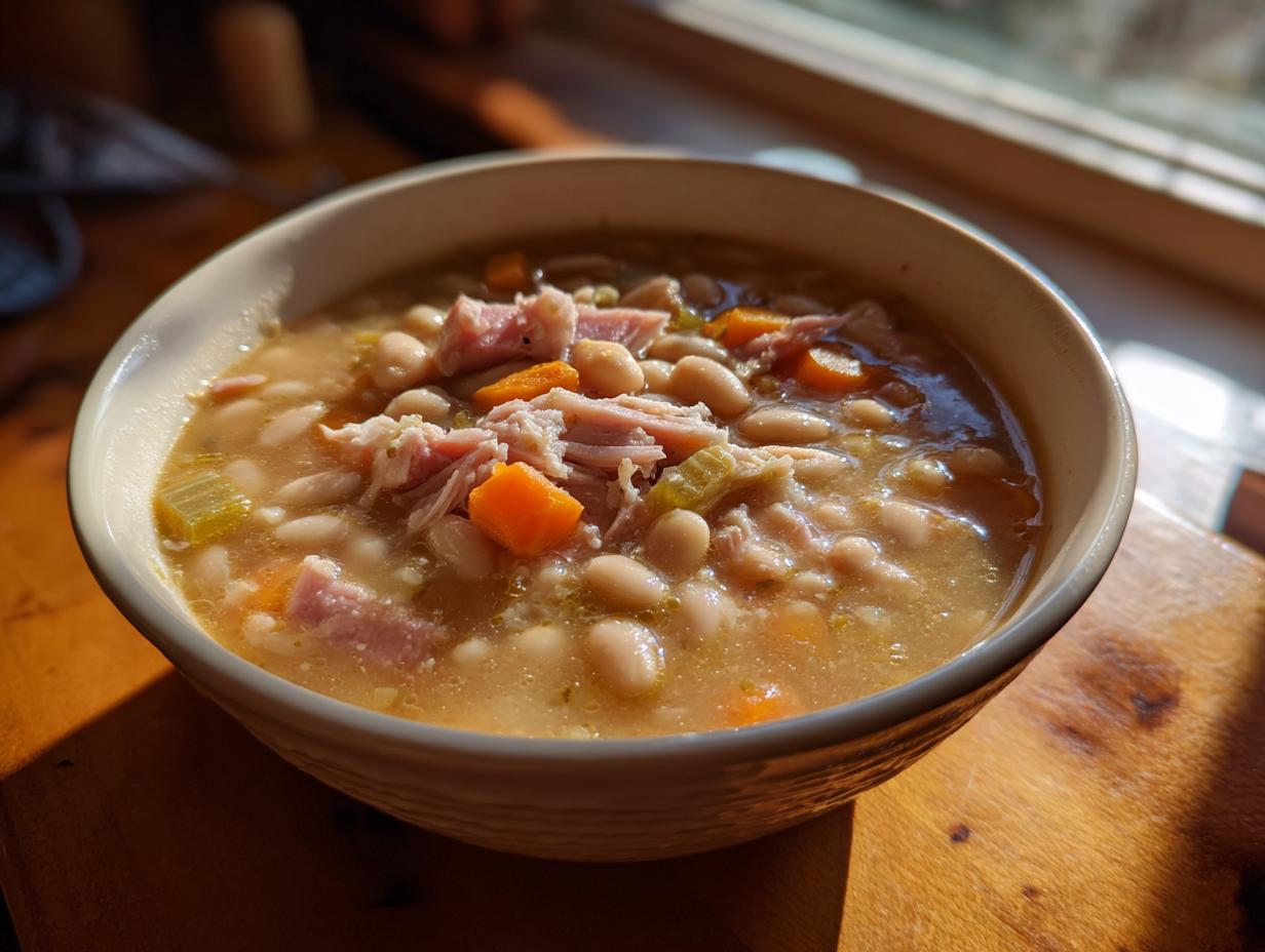 A warm bowl of navy bean soup featuring white beans, chunks of ham, carrots, and celery, lit by natural sunlight.