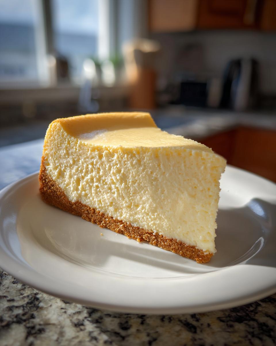 A thick, creamy slice of New York cheesecake with a golden graham cracker crust served on a white plate.