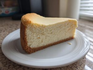 A thick, creamy slice of new york cheesecake with a golden top and graham cracker crust on a white plate.
