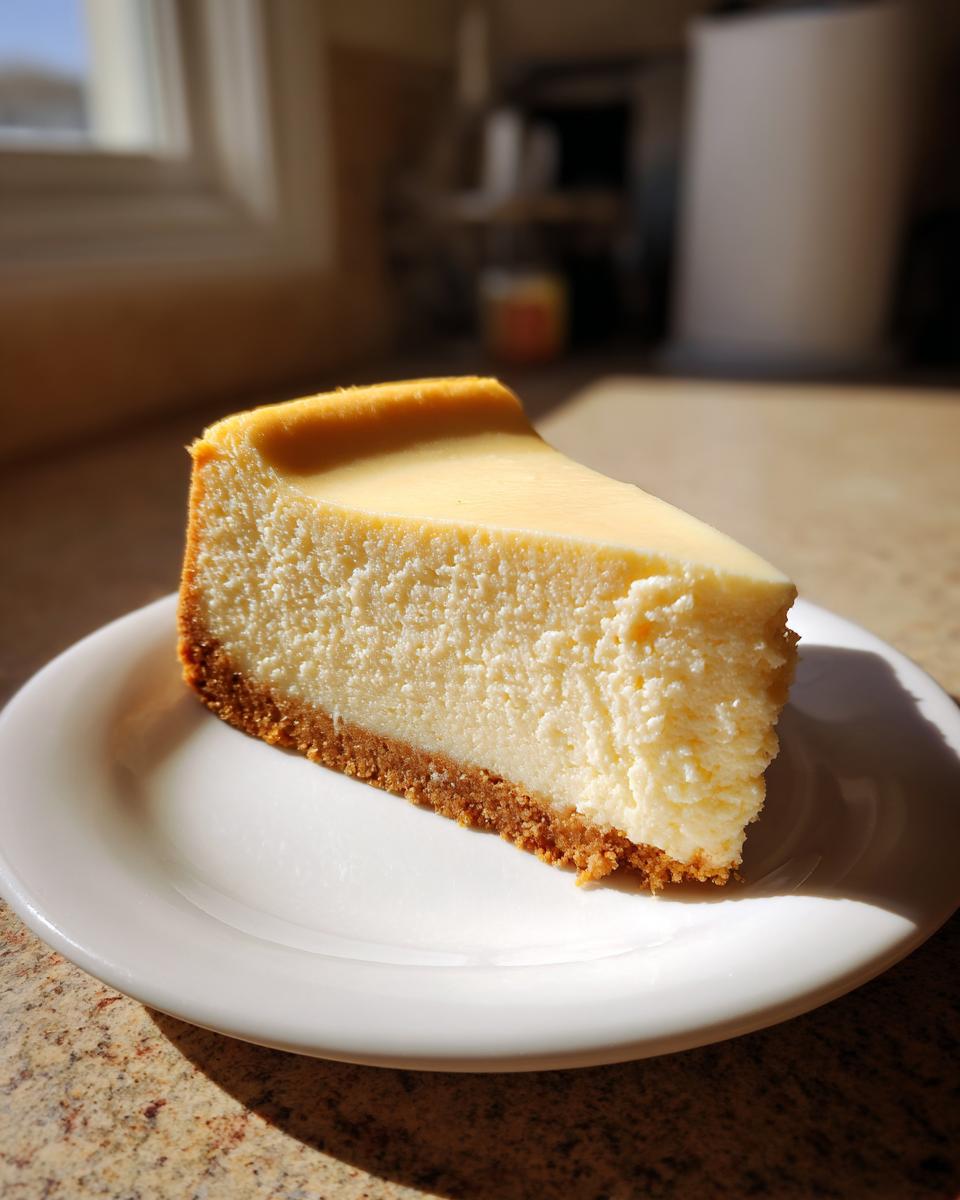 A thick, creamy slice of New York cheesecake with a graham cracker crust sits on a white plate.