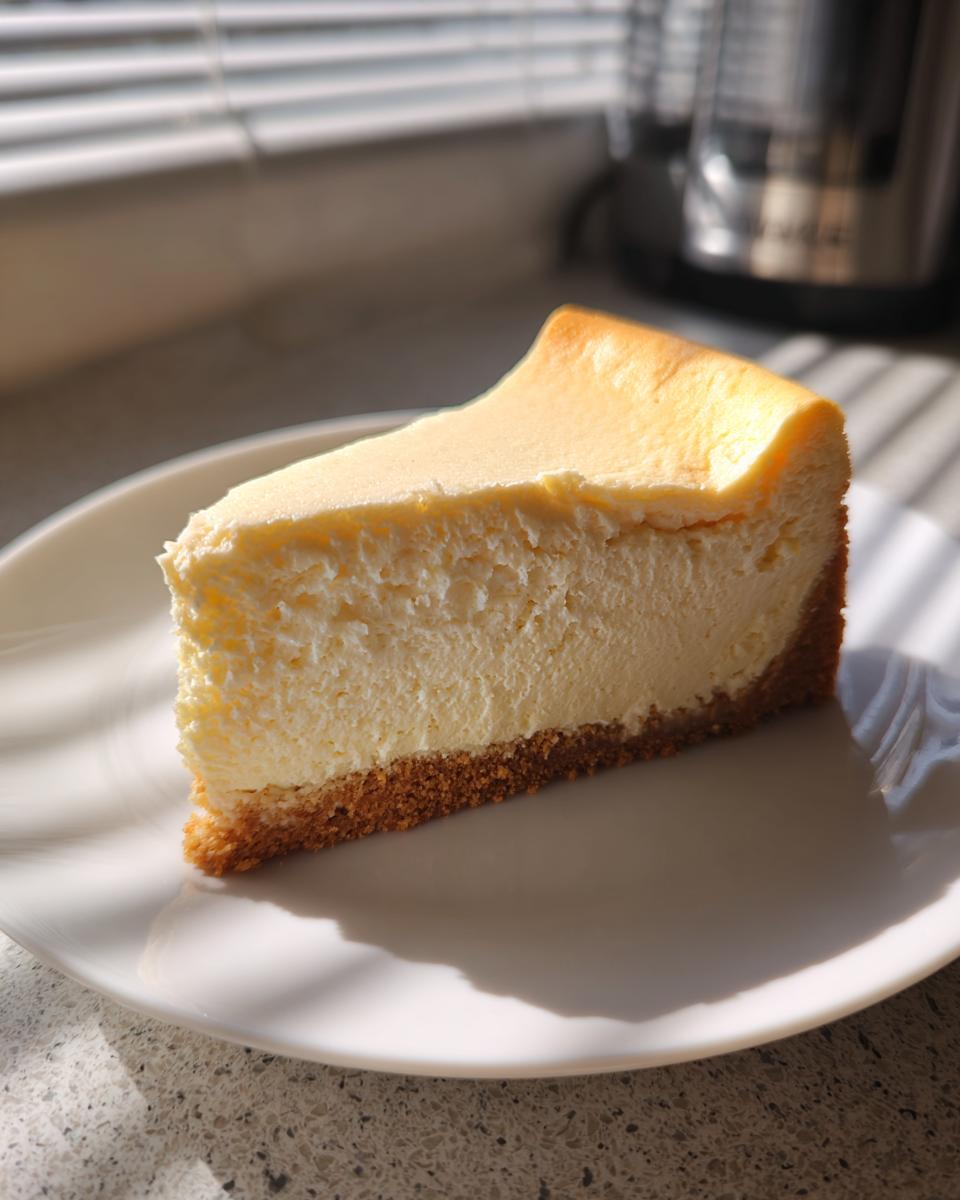 A tall, creamy slice of new york cheesecake with a graham cracker crust sitting on a white plate.