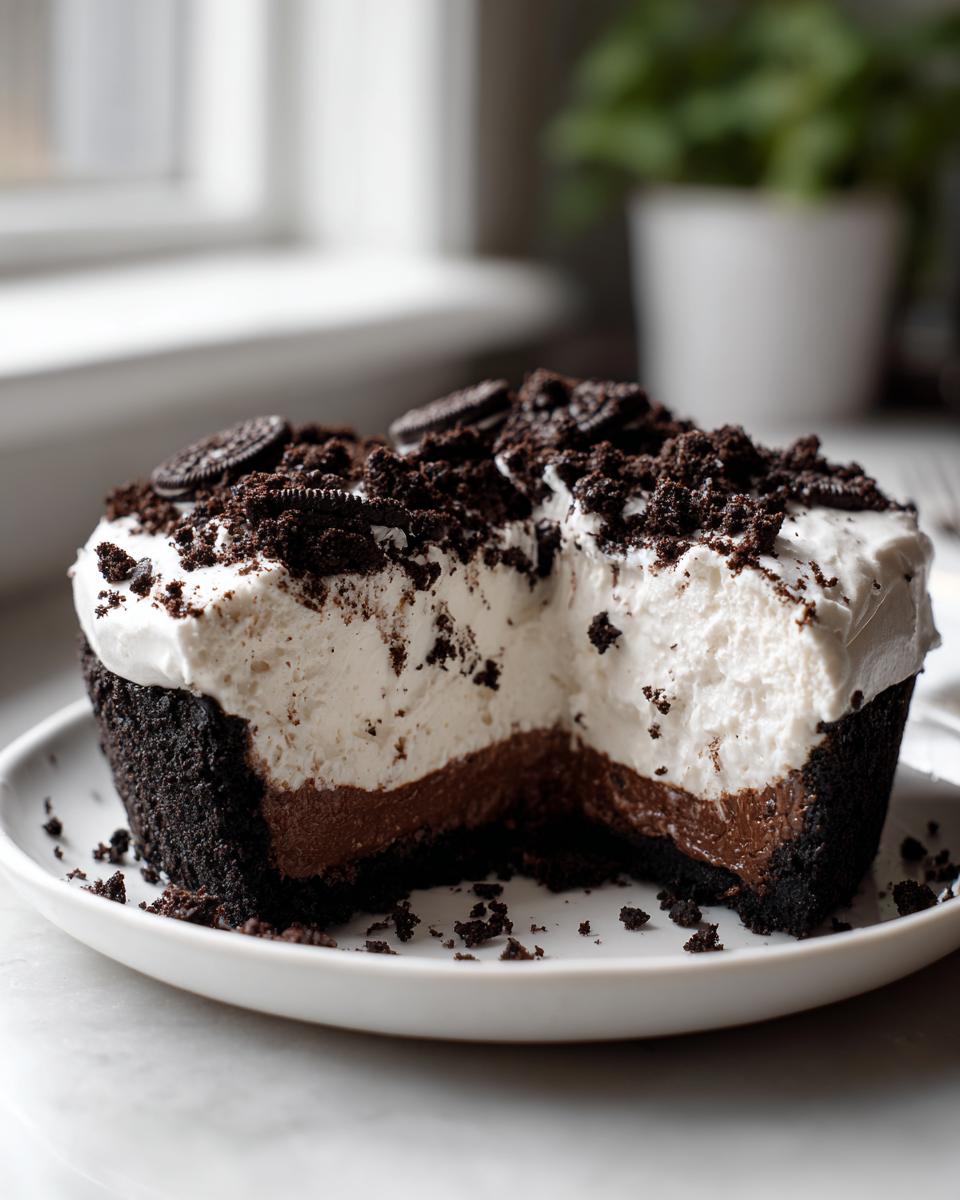 A slice removed from a rich, layered Oreo pie showing a dark crust, chocolate filling, and white whipped topping.
