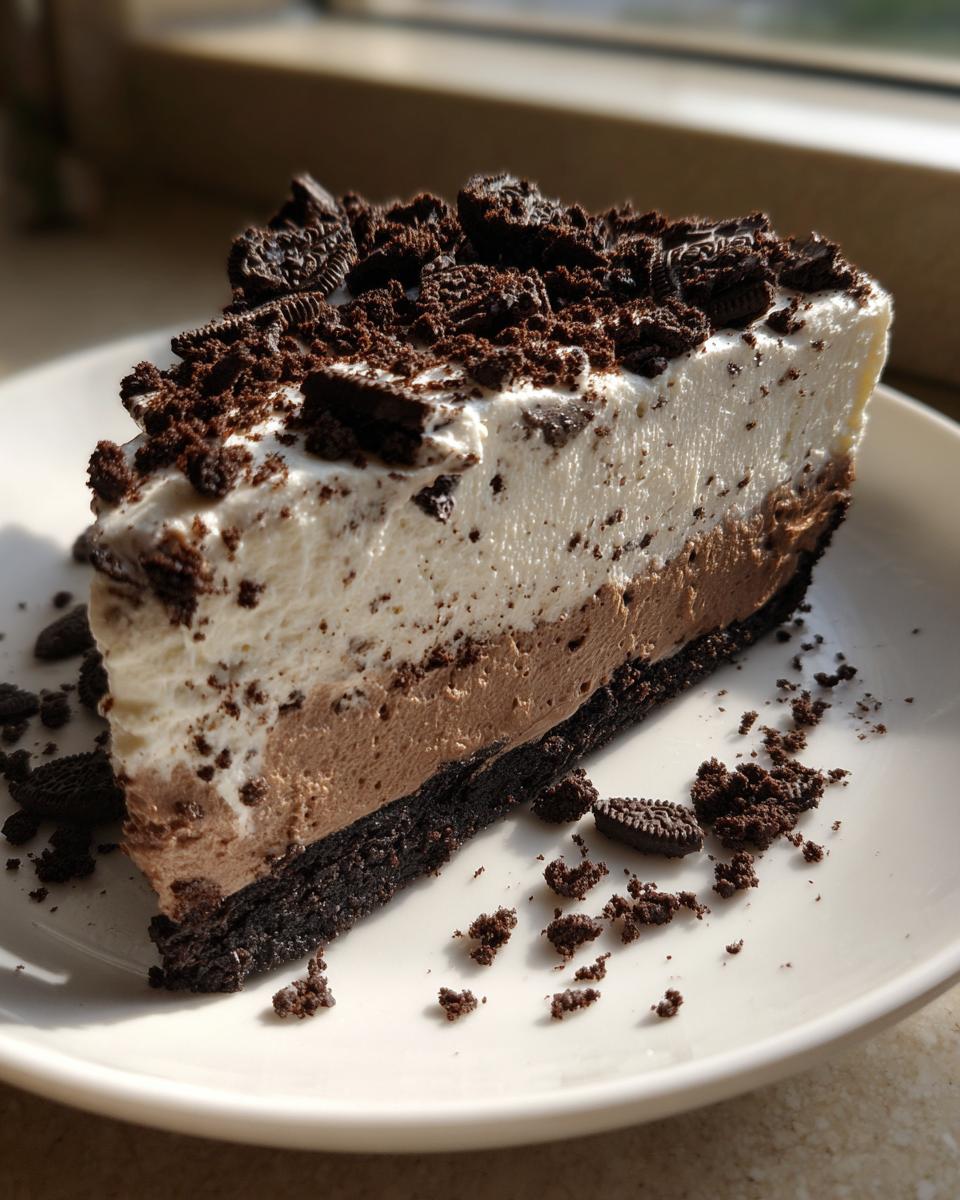 A decadent slice of no bake Oreo pie showing a dark crust, chocolate mousse, white cream layer, and crushed Oreo topping.