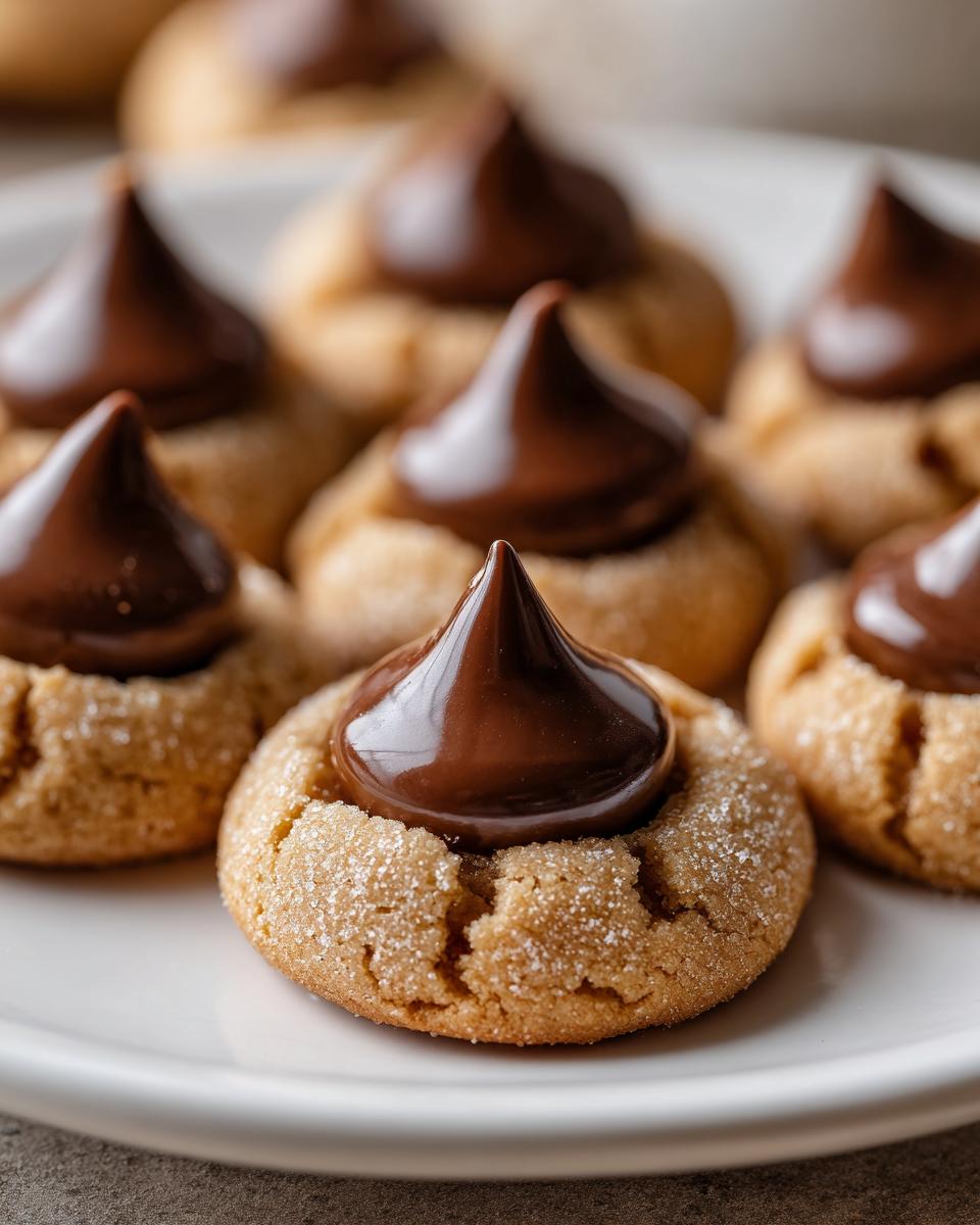 Close-up of several baked peanut butter kiss cookies rolled in sugar, each topped with a melted chocolate kiss.
