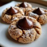 Close-up of delicious peanut butter kiss cookies rolled in sugar, topped with a melted chocolate kiss.