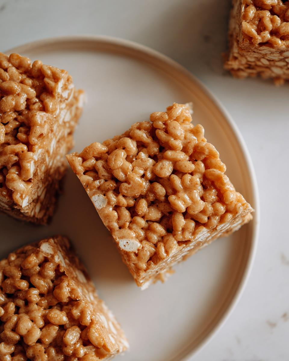 Four squares of gooey peanut butter rice krispie treats stacked on a light plate, showing the texture.