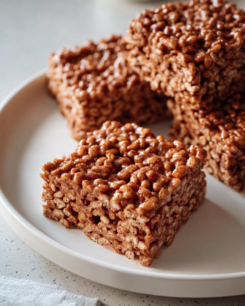 Close-up of several squares of rich, brown peanut butter rice krispie treats stacked on a white plate.
