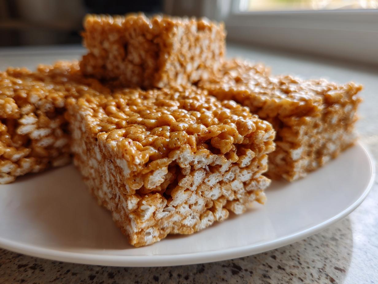 Close-up of several thick squares of gooey peanut butter rice krispie treats stacked on a white plate.