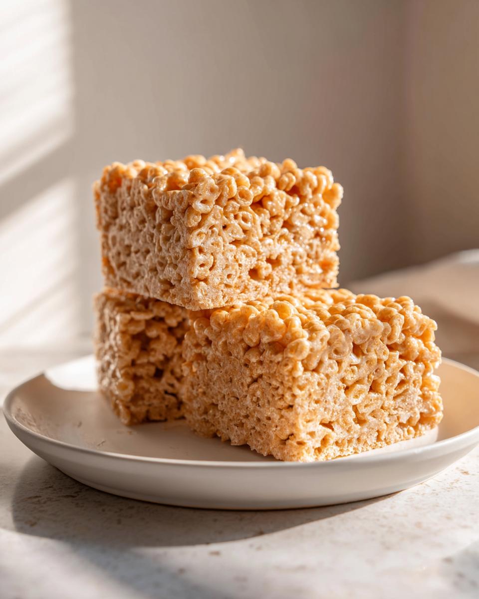 Two thick squares of peanut butter rice krispie treats stacked on a small white plate.