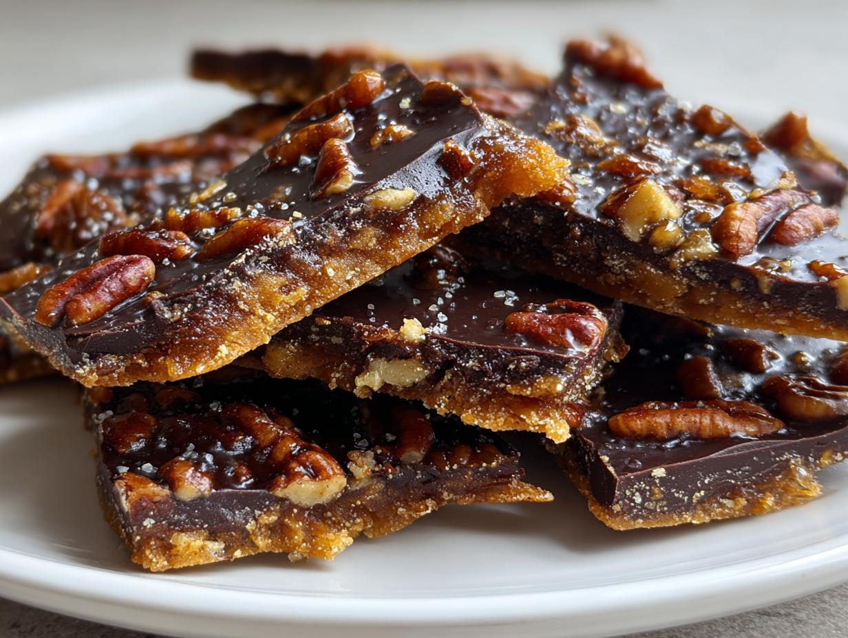 A stack of broken pieces of rich pecan pie bark featuring a dark chocolate topping, crunchy pecans, and a buttery toffee base.