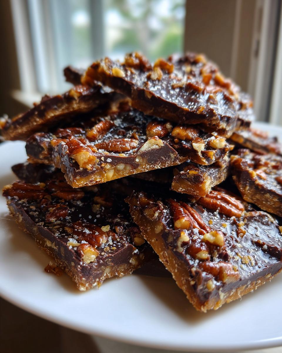 A stack of rich, square pieces of pecan pie bark topped with chocolate, pecans, and sea salt.