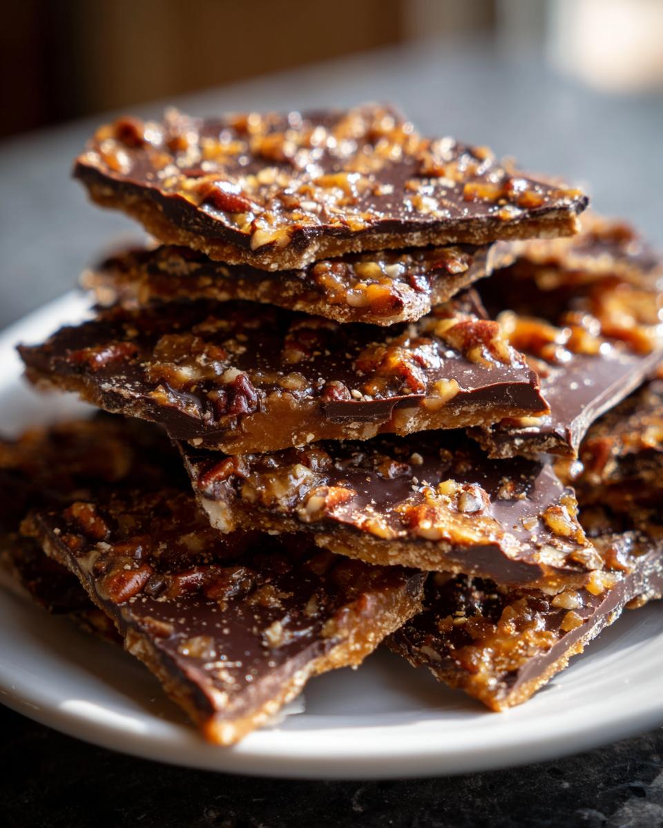 A close-up stack of broken pieces of rich pecan pie bark topped with chocolate and toasted pecans.