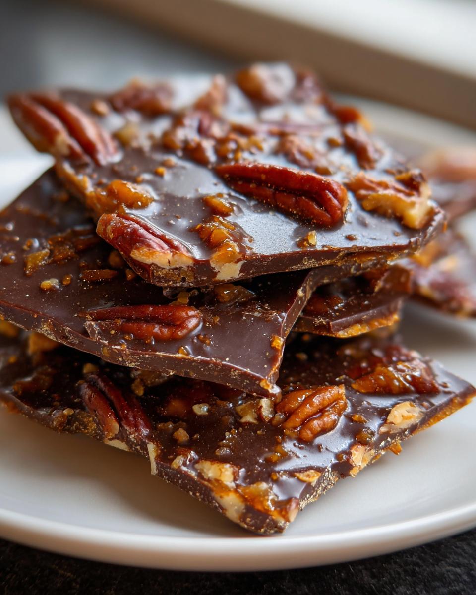 Close-up of stacked, glossy dark chocolate pecan pie bark pieces topped with whole and chopped pecans.