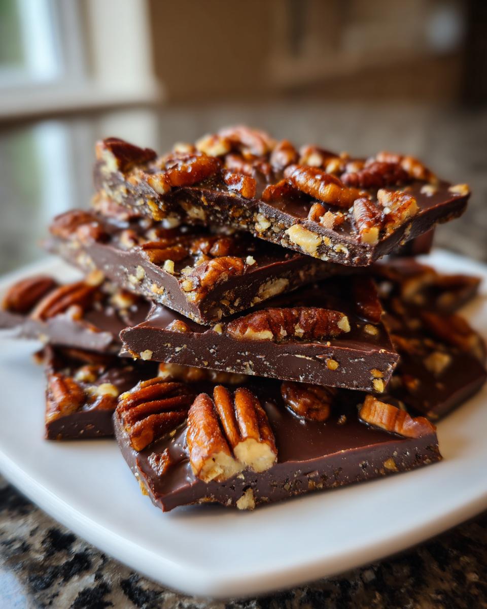 A close-up stack of rich, dark chocolate pecan pie bark pieces topped with glazed pecans.