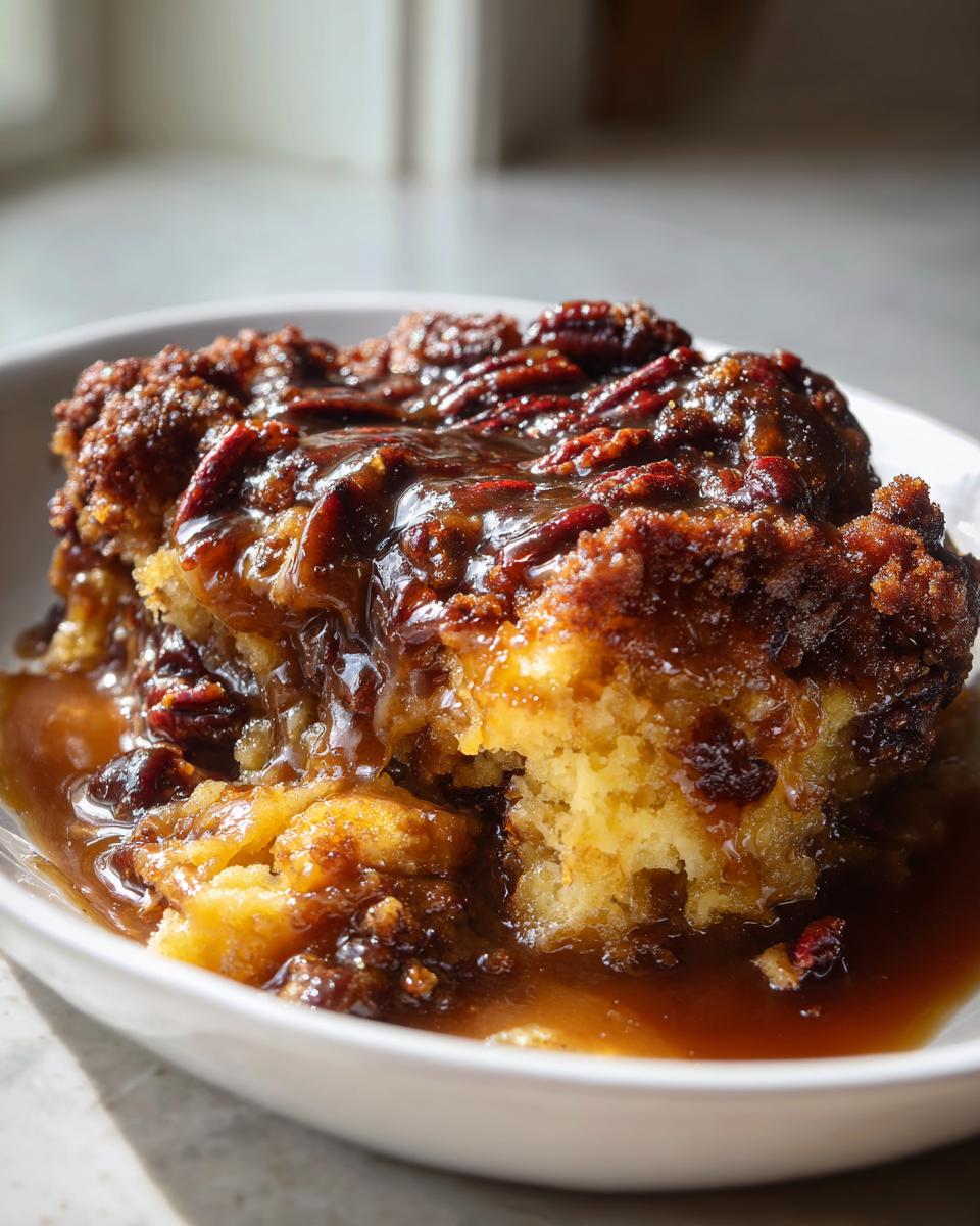 Close-up of a serving of pecan pie cobbler recipe, drenched in rich caramel sauce and topped with pecans.