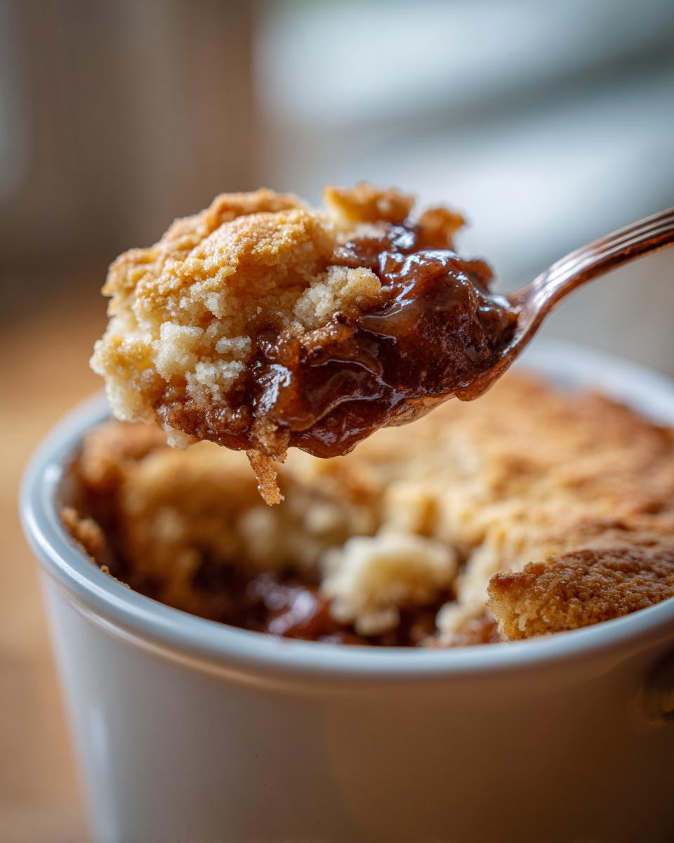 A spoonful of gooey filling and crumbly topping from a pecan pie cobbler recipe being lifted from a white ramekin.