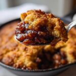 A spoonful of gooey, caramelized filling and crumbly topping from the pecan pie cobbler recipe.