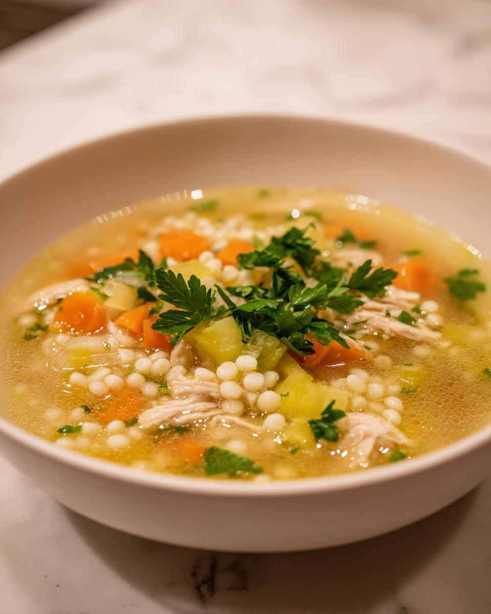 Close-up of a white bowl filled with steaming penicillin soup containing shredded chicken, carrots, celery, and acini di pepe pasta.