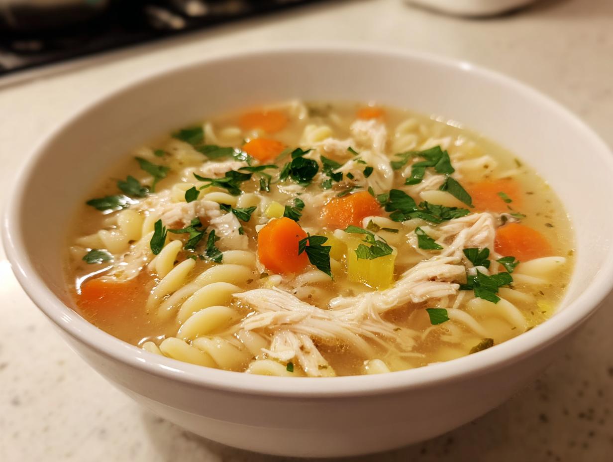 A close-up of a white bowl filled with hot penicillin soup featuring shredded chicken, egg noodles, carrots, and parsley.